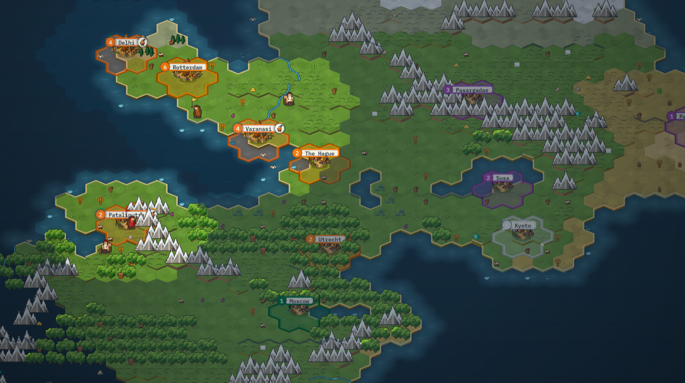 A continent divided between three nations: bordered territories, mountain ranges, and nine named cities